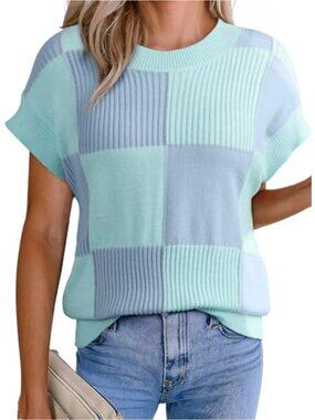 Womens Short Sleeve Color Block Knit Sweater Crewneck Cap Sleeve Pullover